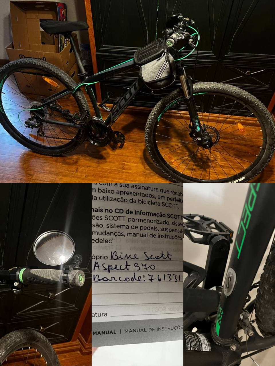 Горный велосипед Scott Aspect 970 черного цвета с бирюзовыми вставками и паспортом.