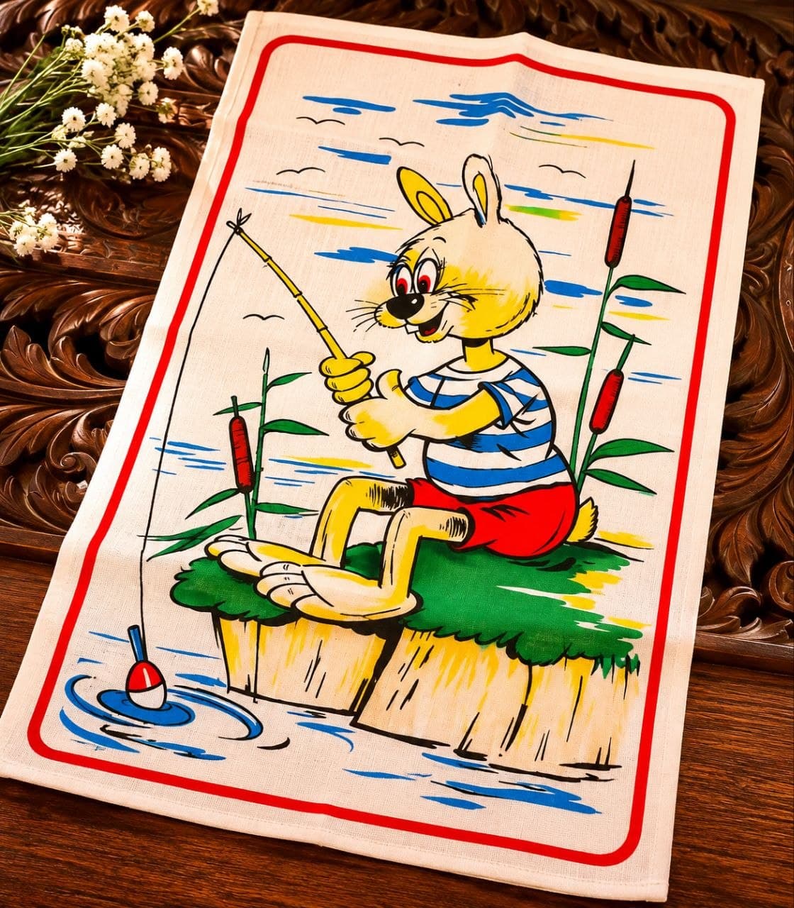Yeni retro dəsmal — "Balıqçı dovşan", 40×70 sm