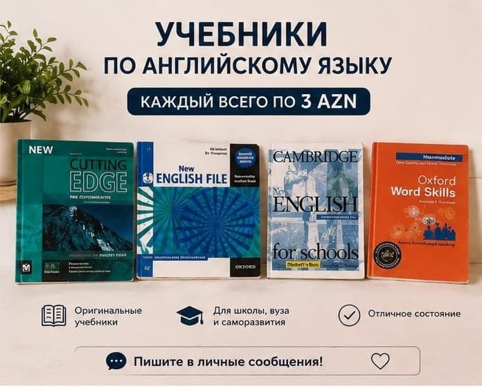 Четыре учебника по английскому языку, выложенные на столе, рядом стоит зеленое растение.