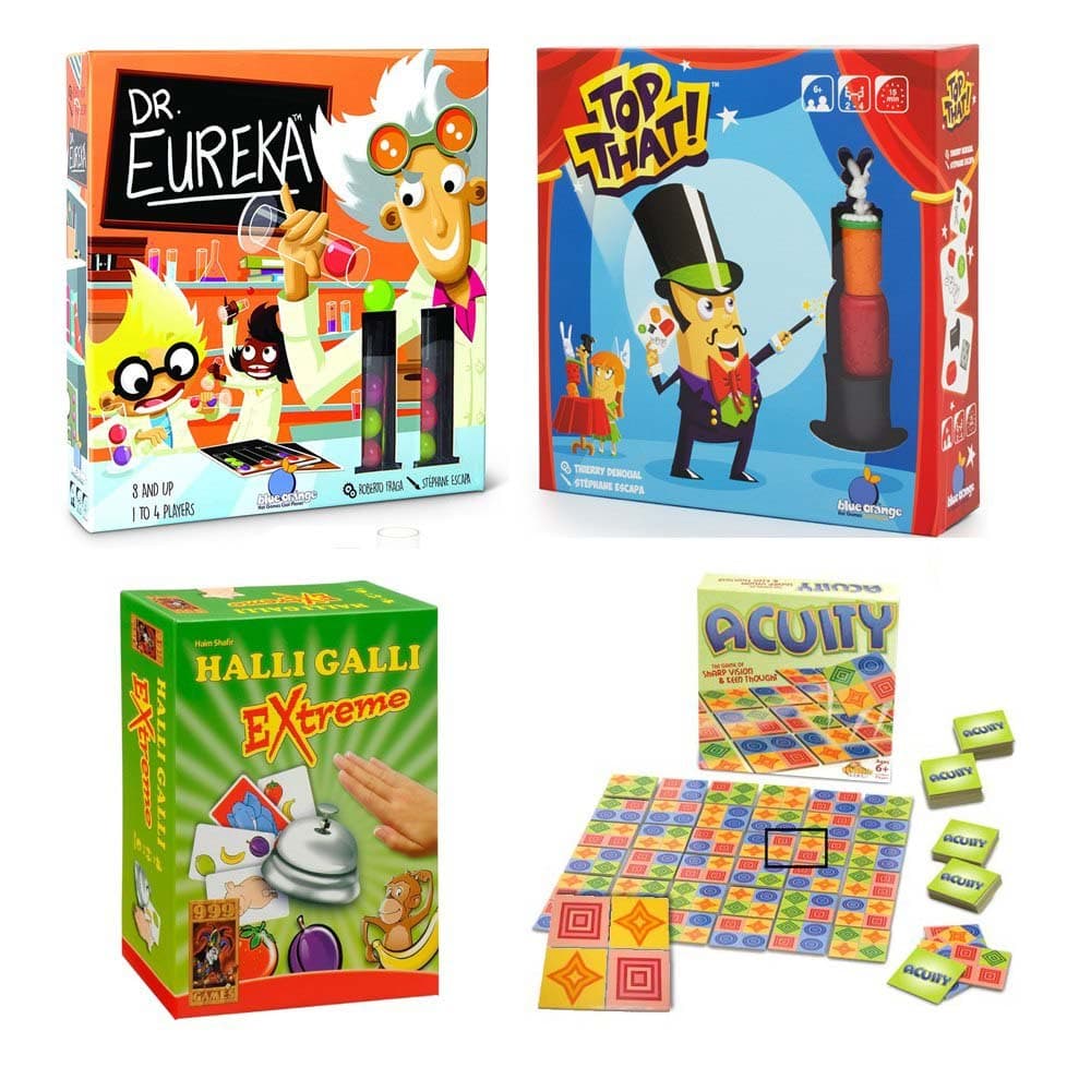 Четыре коробки настольных игр: Dr Eureka, Top That!, Halli Galli Extreme и Acuity с игровыми элементами.