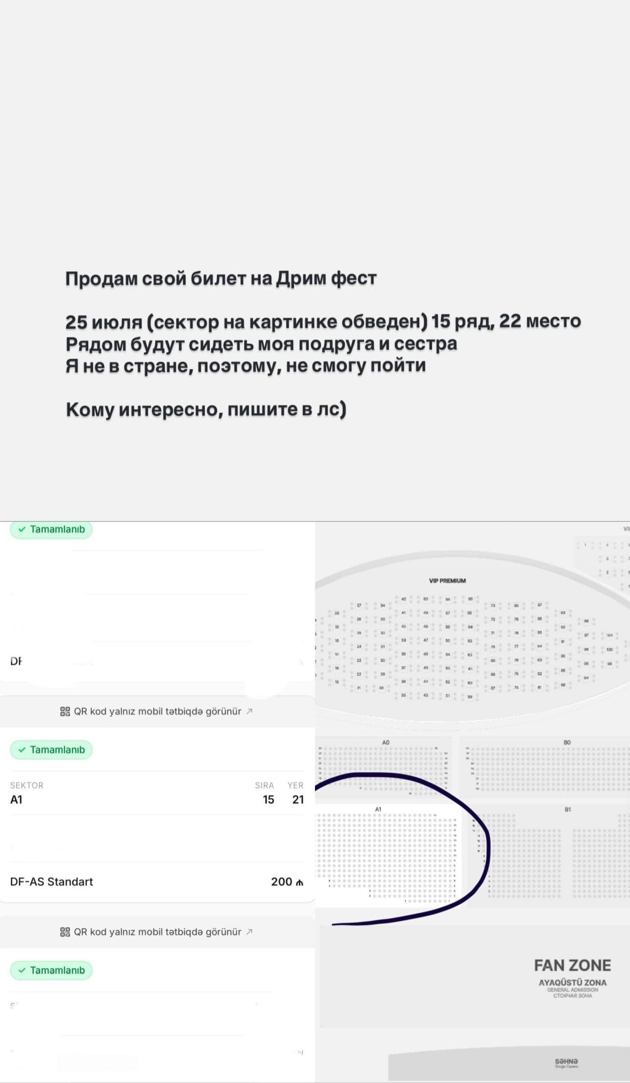 Объявление о продаже билета на Дрим фест с указанием места и схемой зала с выделенным сектором.