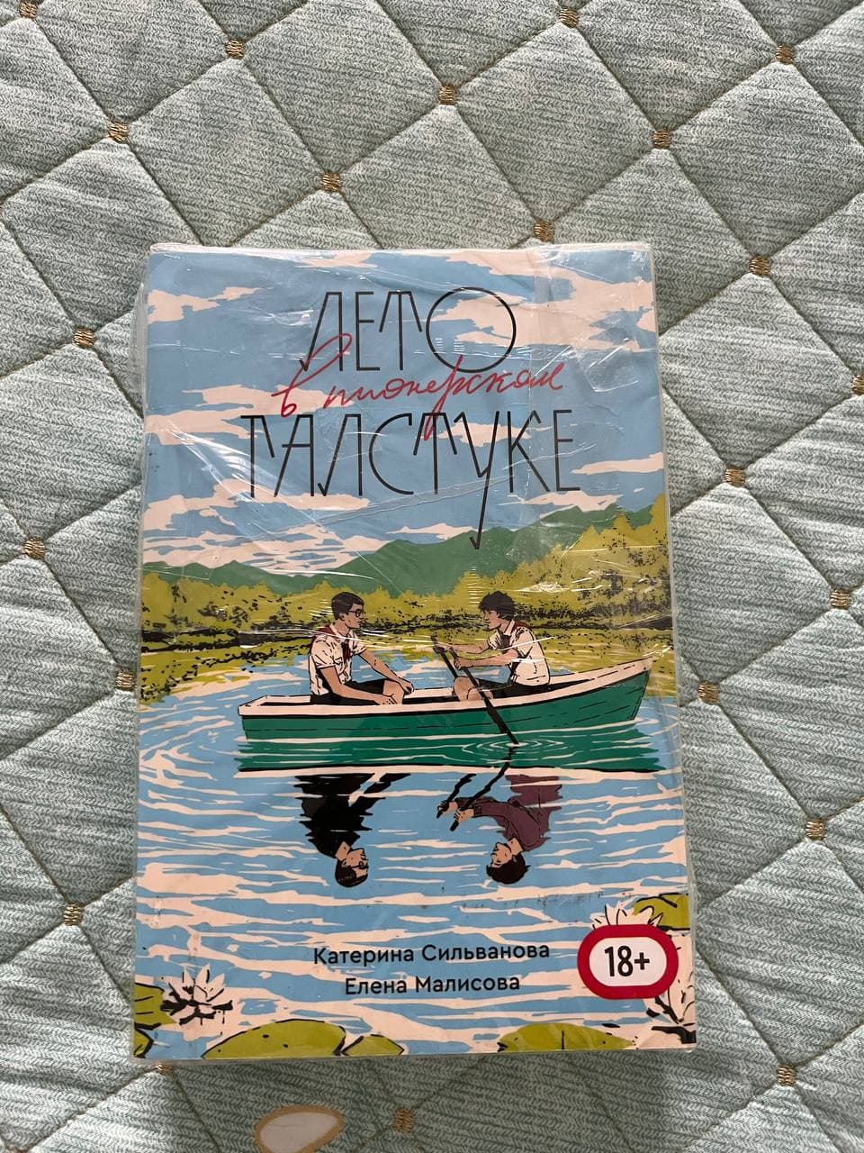 Книга "Дело в пионерском галстуке" с цветной обложкой и изображением двух человек в лодке.