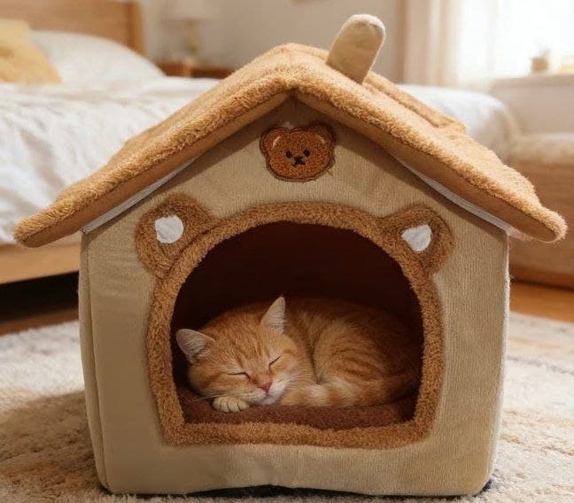 Мягкий домик для животных с котёнком внутри.